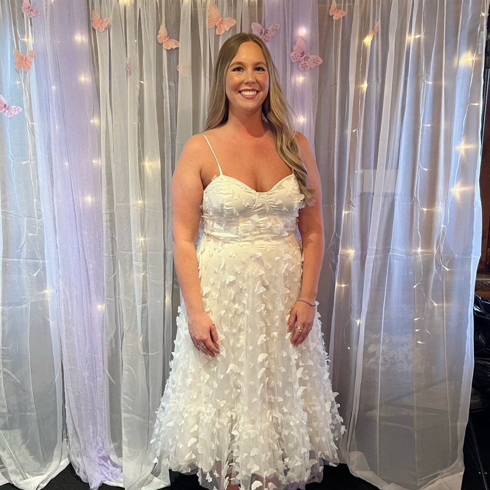 White Bridal Midi Dress with Butterfly Details